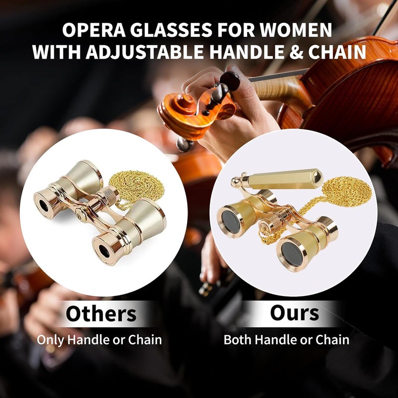 BOSTRON 3X25 Opera Glasses Theater Binoculars Compact with Adjustable Handle & Chain, Portable Vintage Theater Glasses Mini Binoculars for Adults Women Kids for Concerts Opera Houses Cinema, Gold - Image 2